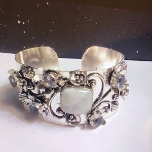 Moonstone Blue Topaz Stamped 925 Sterling Silver Cuff Bracelet